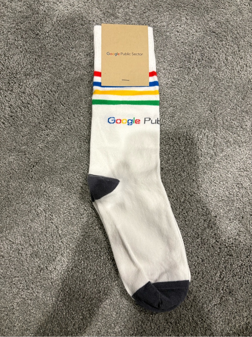google White Crew Socks with Rainbow Stripes and Gray Heel